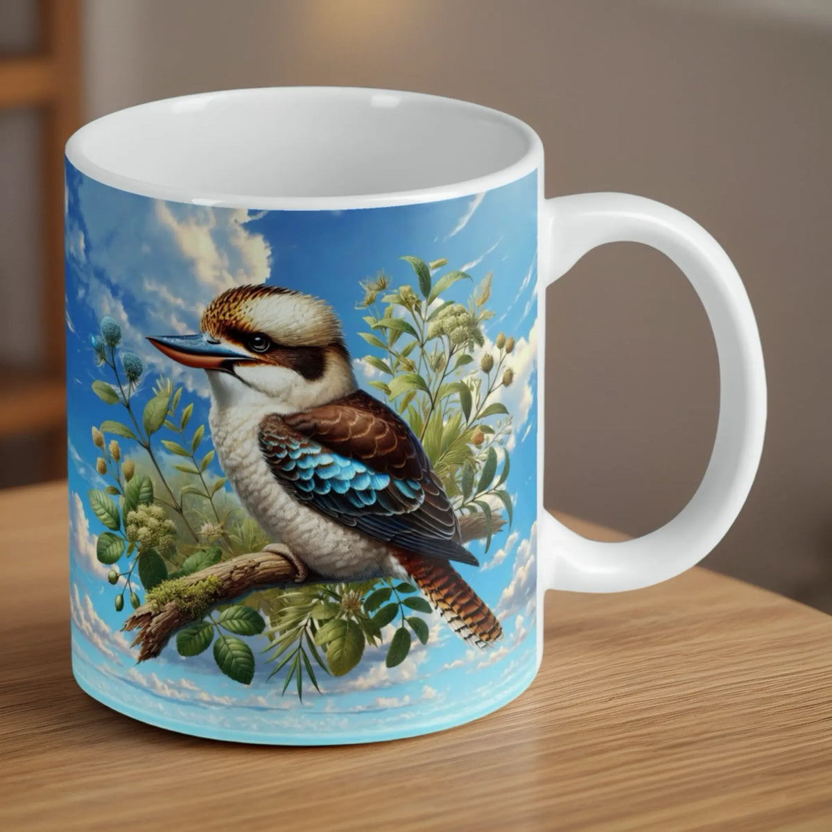 Reverse side of Watercolour Kookaburra mug, vibrant Australian bushland bird artwork on a clean white background by Laser Design Creations.