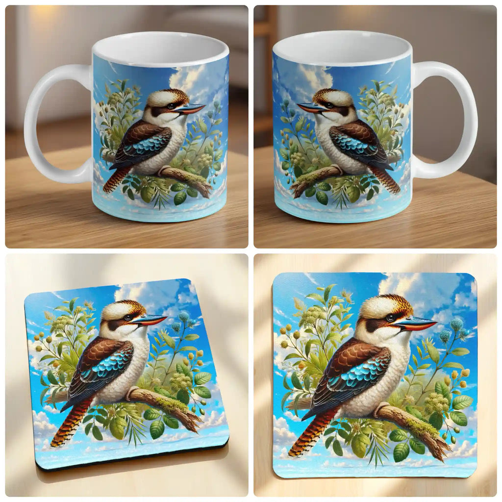 Watercolour Kookaburra mug and coaster combo gift set collage, native Australian bird perched on a bush branch, by Laser Design Creations.