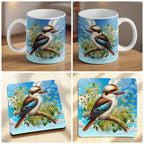 Watercolour Kookaburra mug and coaster combo gift set collage, native Australian bird perched on a bush branch, by Laser Design Creations.