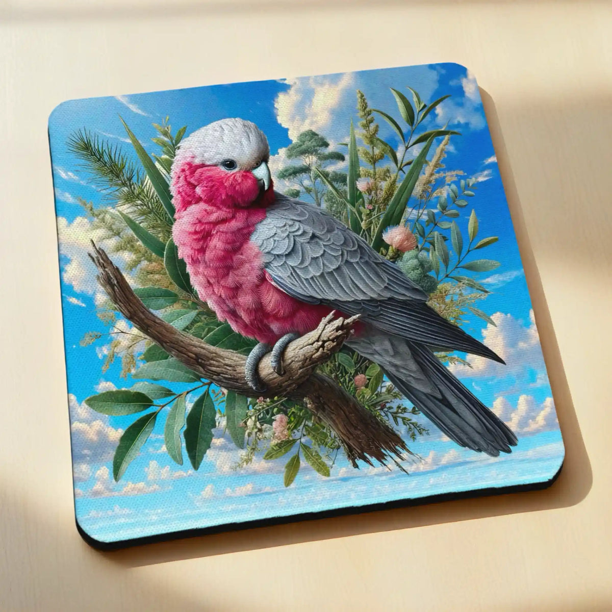 Side view of Watercolour Pink Galah neoprene coaster with pink galah perched on a branch, by Laser Design Creations.