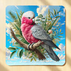 Top view of Watercolour Pink Galah neoprene coaster with watercolour Australian pink galah illustration, by Laser Design Creations.