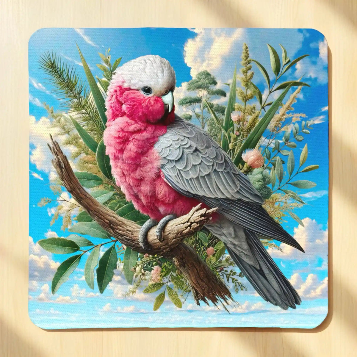 Top view of Watercolour Pink Galah neoprene coaster with watercolour Australian pink galah illustration, by Laser Design Creations.