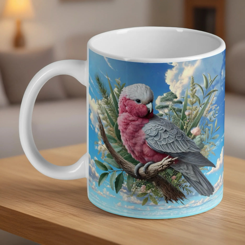 Watercolour Pink Galah ceramic mug by Laser Design Creations, featuring an Australian pink and grey galah perched on a botanical branch.