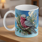 Watercolour Pink Galah ceramic mug by Laser Design Creations, featuring an Australian pink and grey galah perched on a botanical branch.