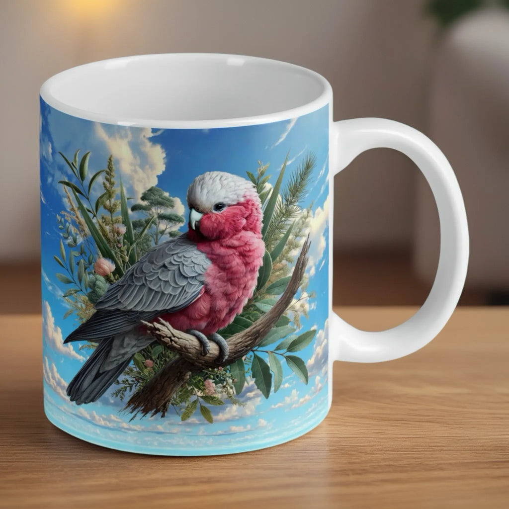Reverse side of Watercolour Pink Galah mug, displaying the colourful native bird artwork by Laser Design Creations.