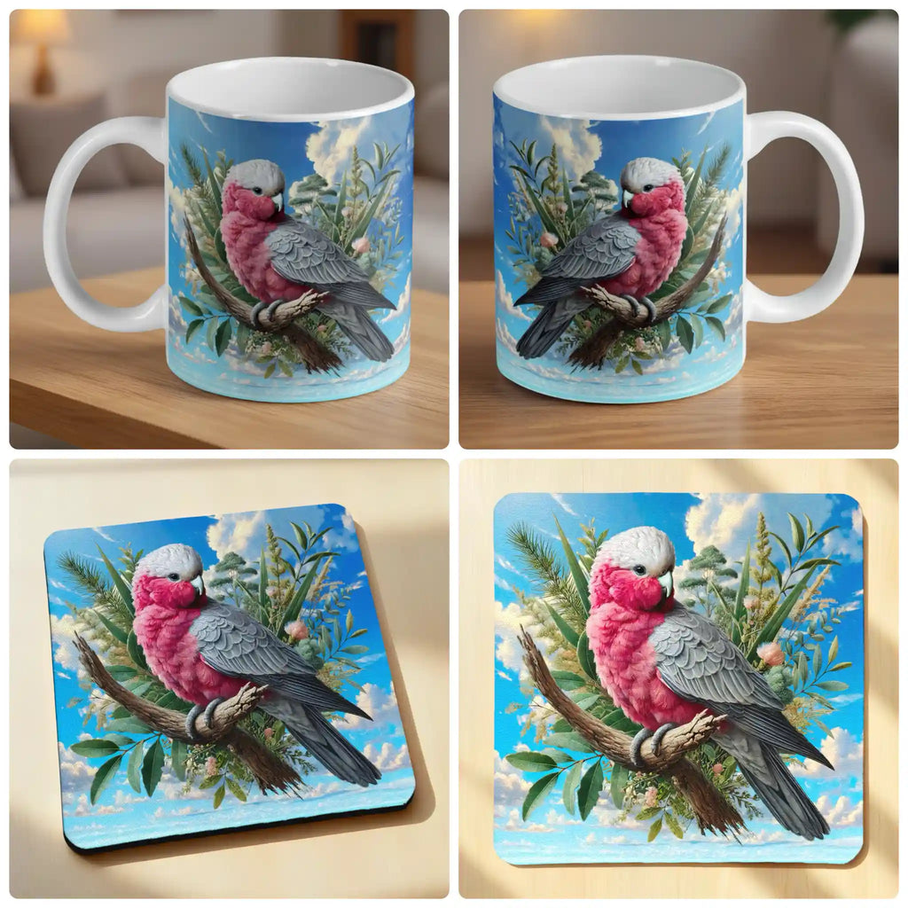Watercolour Pink Galah mug and coaster combo gift set collage, pink galah perched on a leafy branch, by Laser Design Creations.