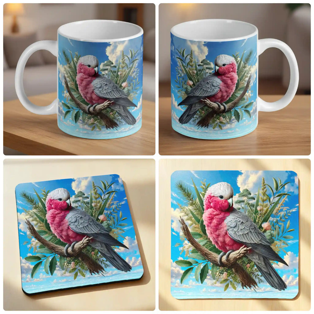 Watercolour Pink Galah mug and coaster combo gift set collage, pink galah perched on a leafy branch, by Laser Design Creations.