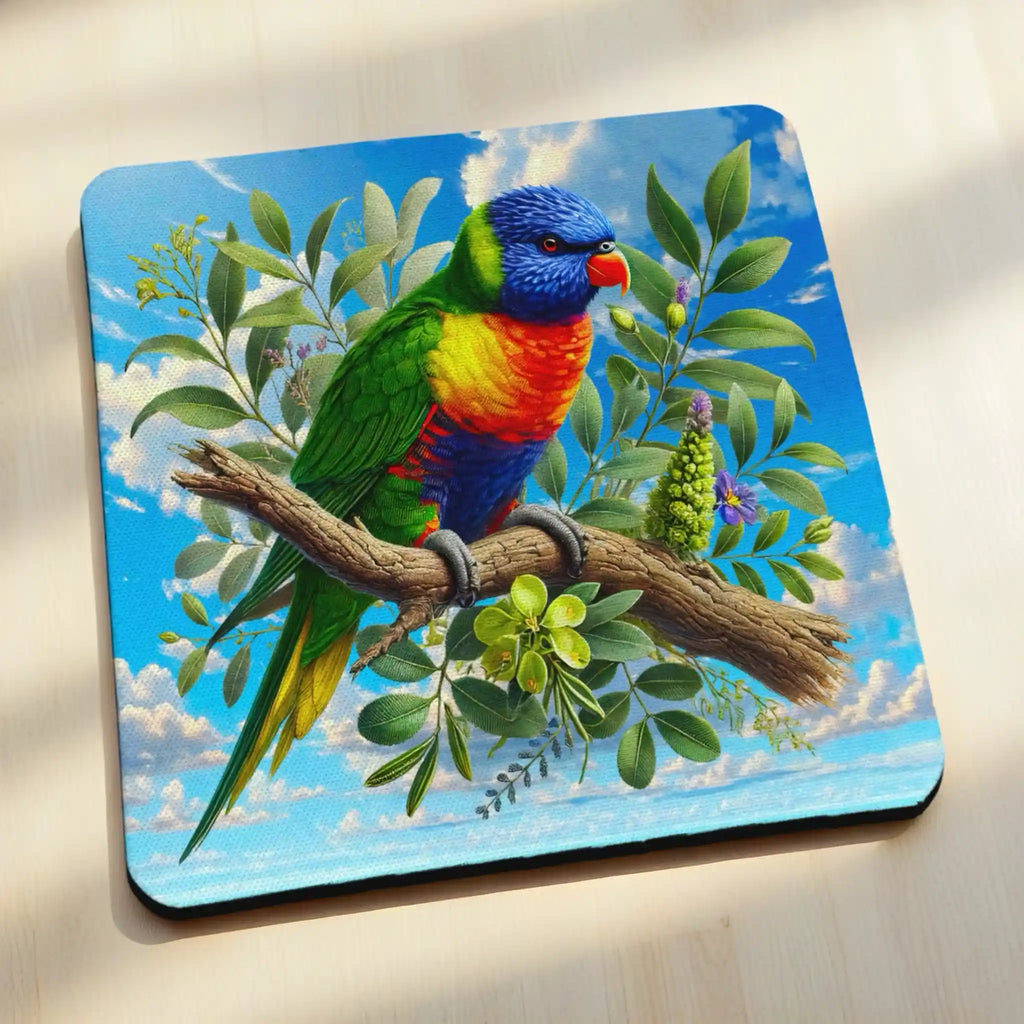 Side view of Watercolour Rainbow Lorikeet neoprene coaster with colourful native bird on a gum branch, by Laser Design Creations.