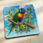 Side view of Watercolour Rainbow Lorikeet neoprene coaster with colourful native bird on a gum branch, by Laser Design Creations.