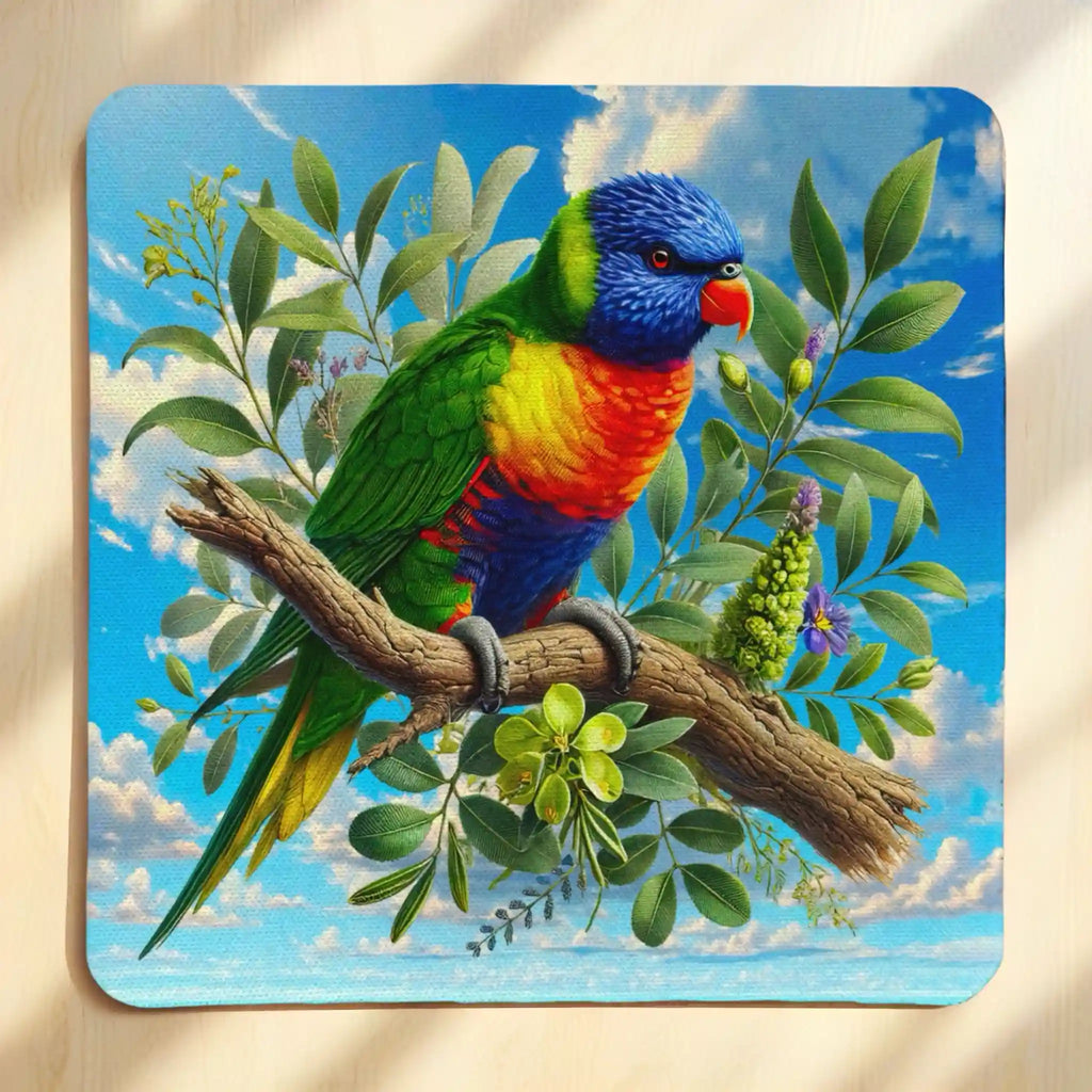 Top view of Watercolour Rainbow Lorikeet neoprene coaster with botanical rainbow lorikeet and gum branch artwork, by Laser Design Creations.