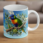 Reverse side of Watercolour Rainbow Lorikeet mug, botanical Australian gum leaves and colourful native parrot scene by Laser Design Creations.