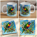 Watercolour Rainbow Lorikeet mug and coaster combo gift set collage, colourful native bird perched on a gum branch, by Laser Design Creations.