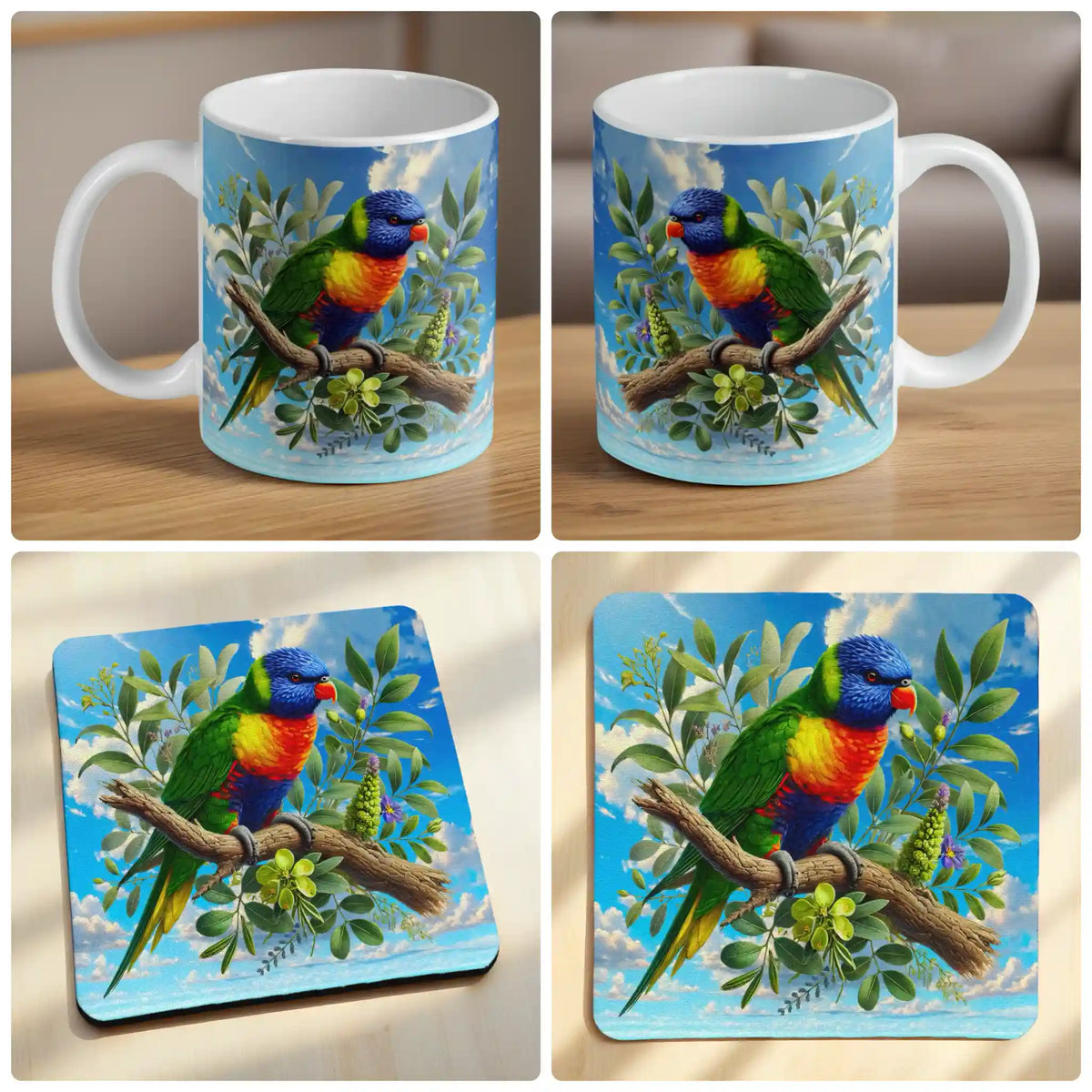 Watercolour Rainbow Lorikeet mug and coaster combo gift set collage, colourful native bird perched on a gum branch, by Laser Design Creations.
