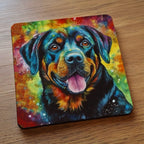 Side view of Watercolour Rottweiler neoprene coasters, showcasing a vibrant and colourful painterly portrait of a Rottweiler dog with abstract rainbow splashes by Laser Design Creations.