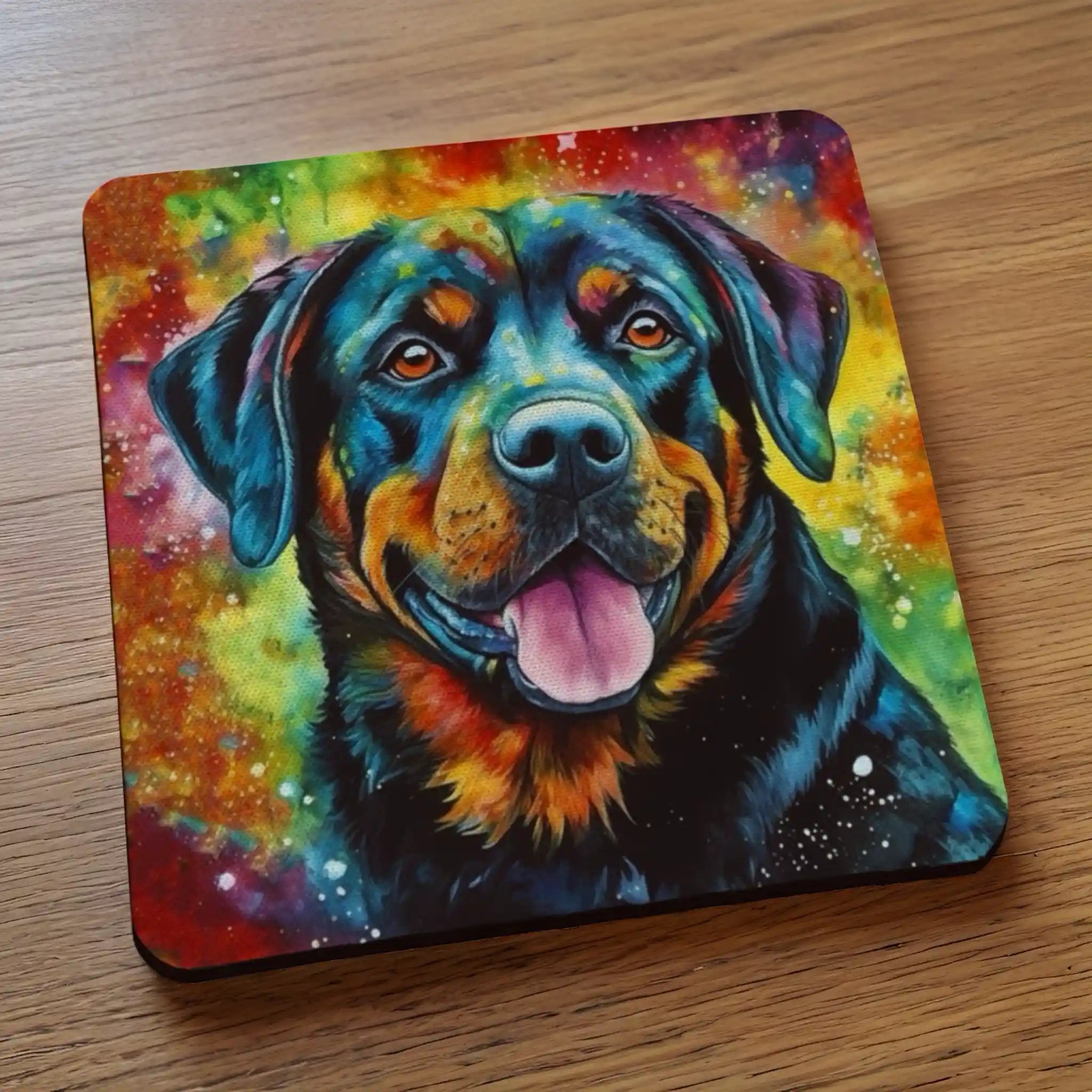 Side view of Watercolour Rottweiler neoprene coasters, showcasing a vibrant and colourful painterly portrait of a Rottweiler dog with abstract rainbow splashes by Laser Design Creations.