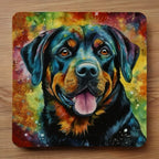 Watercolour Rottweiler neoprene coasters by Laser Design Creations, featuring a bright, artistic painting of a Rottweiler with a multicoloured splash background.