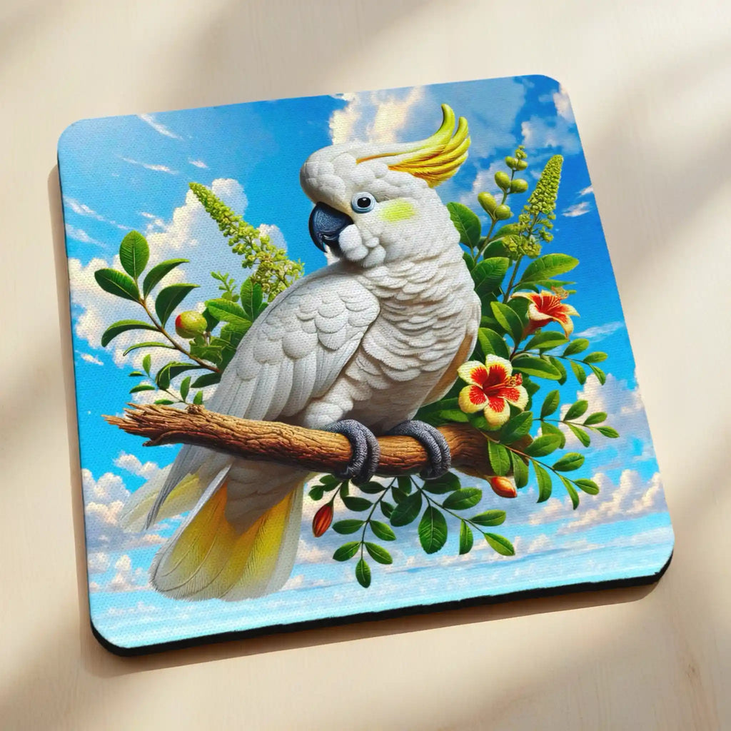Side view of Watercolour Sulphur Crested Cockatoo neoprene coaster with vibrant native bird portrait, by Laser Design Creations.