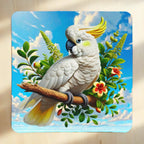 Top view of Watercolour Sulphur Crested Cockatoo neoprene coaster with detailed white cockatoo and yellow crest artwork, by Laser Design Creations.