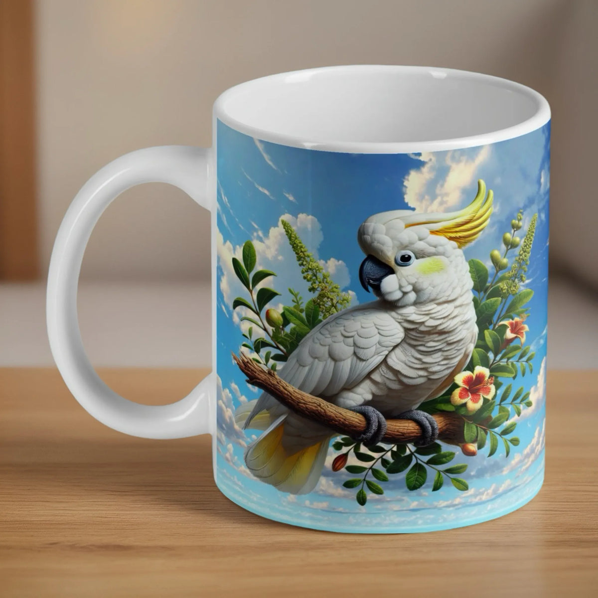 Watercolour Sulphur Crested Cockatoo ceramic mug by Laser Design Creations, featuring an illustrated white bird with a bright yellow crest on an artistic backdrop.