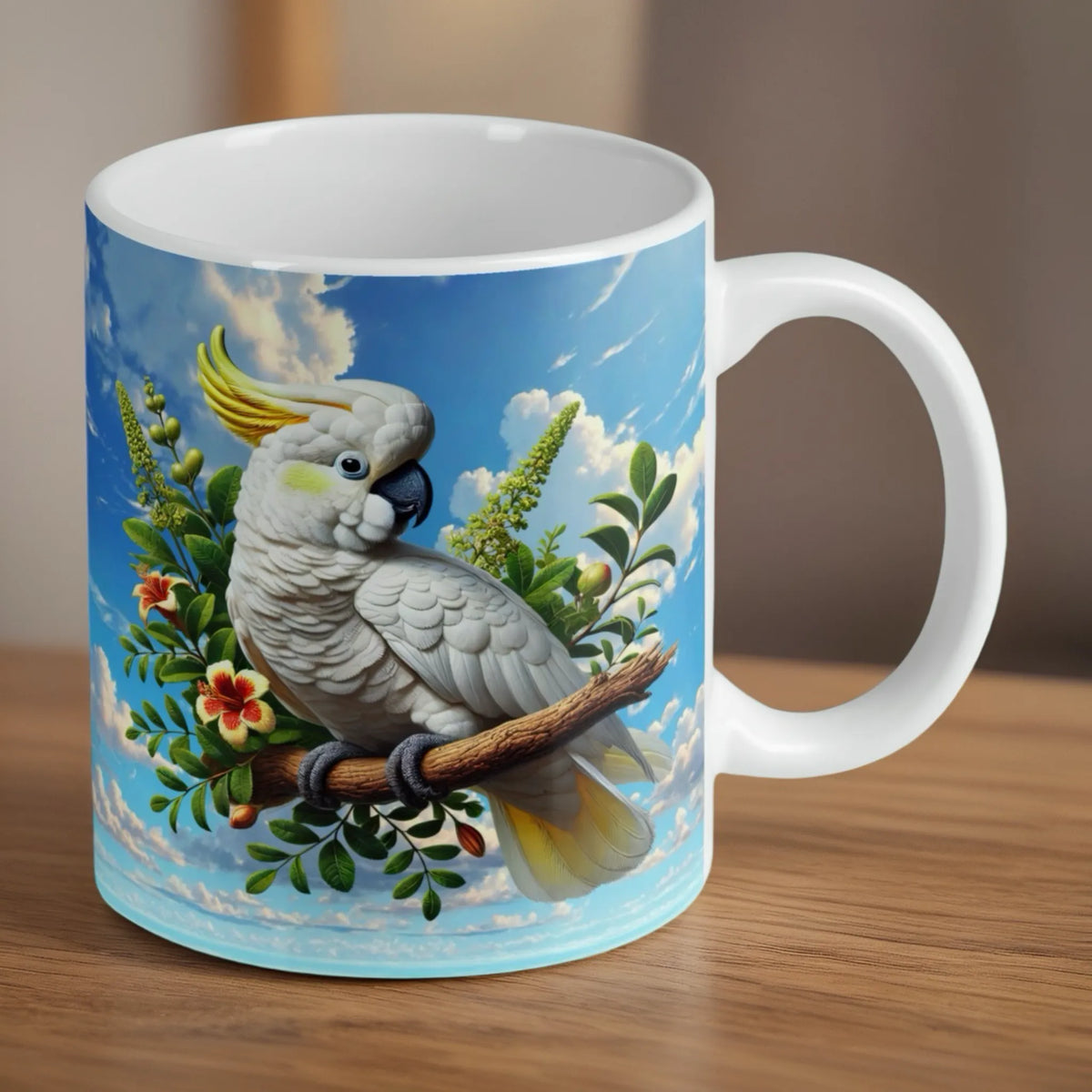 Reverse side of Watercolour Sulphur Crested Cockatoo mug, matching white parrot artwork on a subtle paint splatter scene by Laser Design Creations.