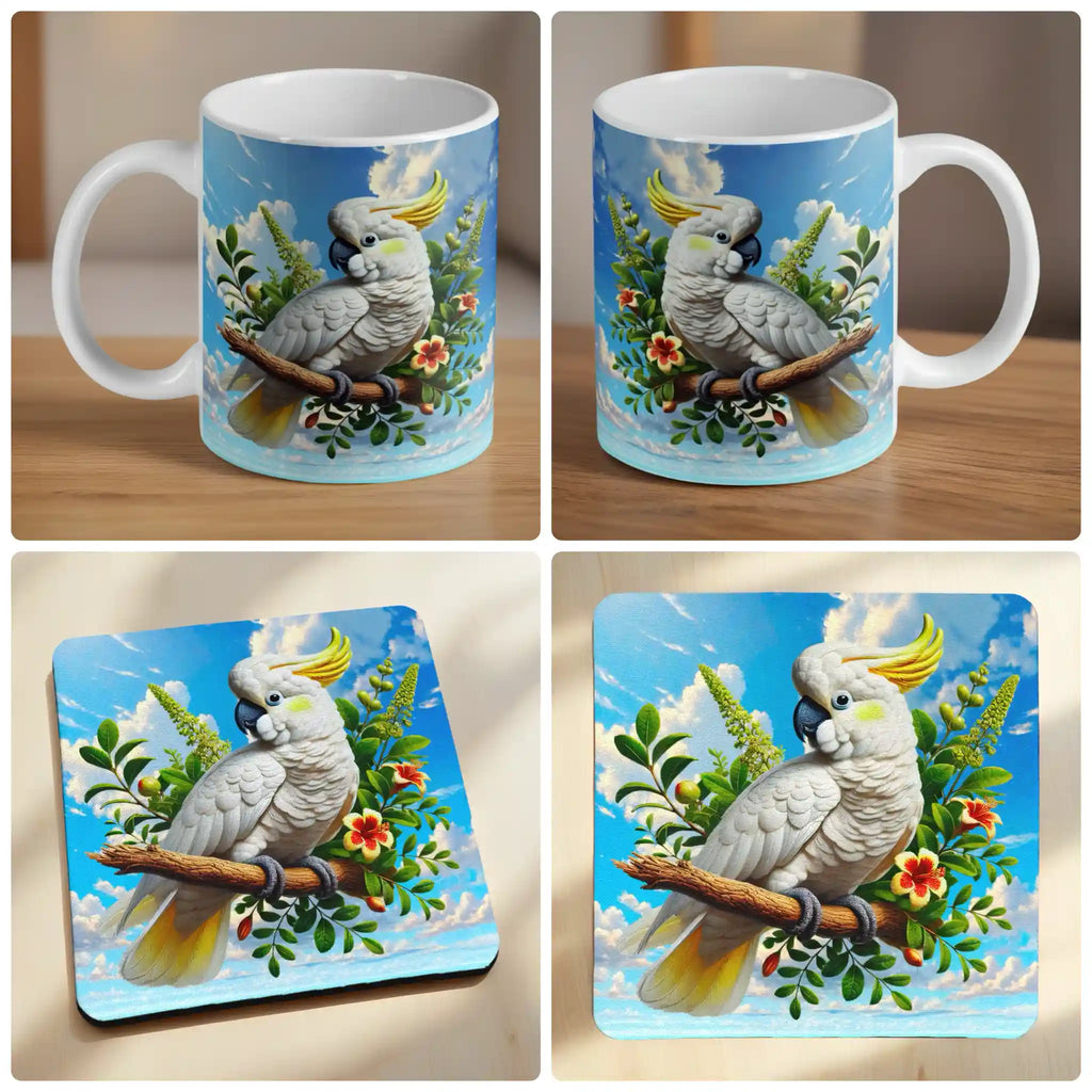 Watercolour Sulphur Crested Cockatoo mug and coaster combo gift set collage, artistic white parrot on a soft watercolour splash background, by Laser Design Creations.