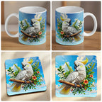 Watercolour Sulphur Crested Cockatoo mug and coaster combo gift set collage, artistic white parrot on a soft watercolour splash background, by Laser Design Creations.