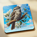 Side view of tawny frogmouth neoprene coaster with native bird perched on a branch, by Laser Design Creations.