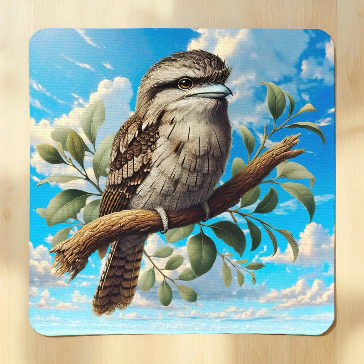 Top view of tawny frogmouth neoprene coaster with illustrative native bird art on a branch, by Laser Design Creations.
