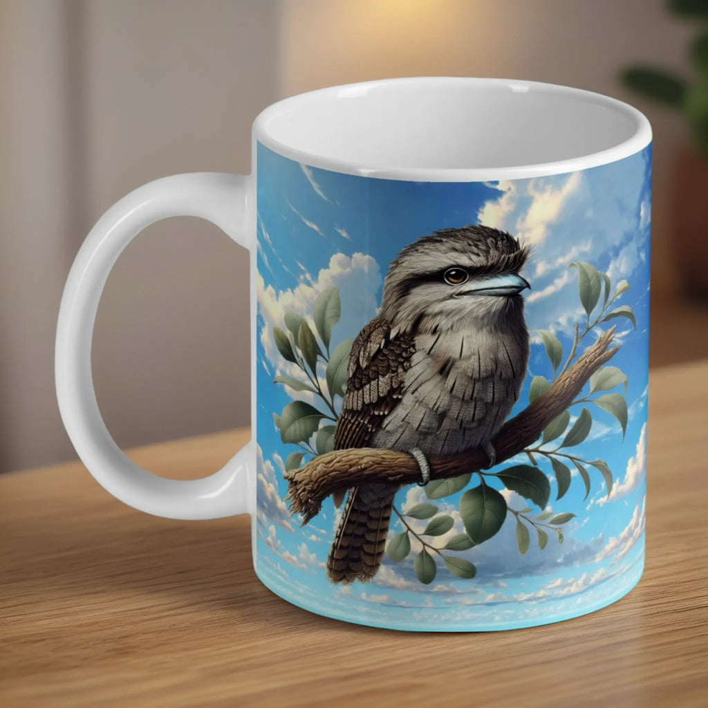 Tawny frogmouth ceramic mug by Laser Design Creations, featuring painterly Australian wildlife perched on a branch.