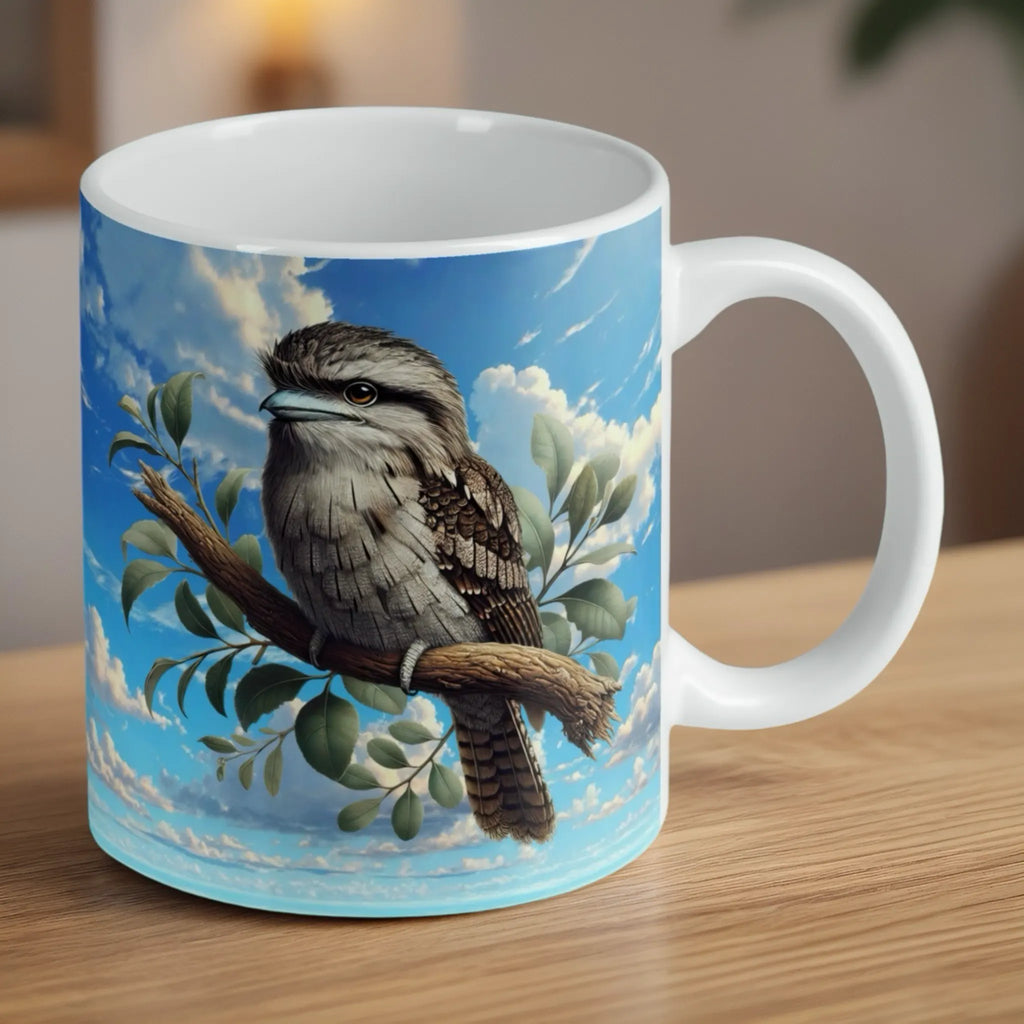 Reverse side of tawny frogmouth mug, painterly native bird on a tree branch scene by Laser Design Creations.