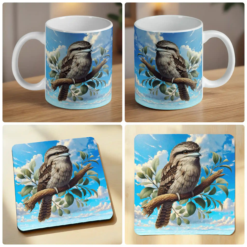 Tawny frogmouth mug and coaster combo gift set collage, illustrative native bird perched on a branch, by Laser Design Creations.
