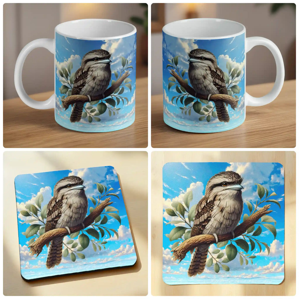 Tawny frogmouth mug and coaster combo gift set collage, illustrative native bird perched on a branch, by Laser Design Creations.