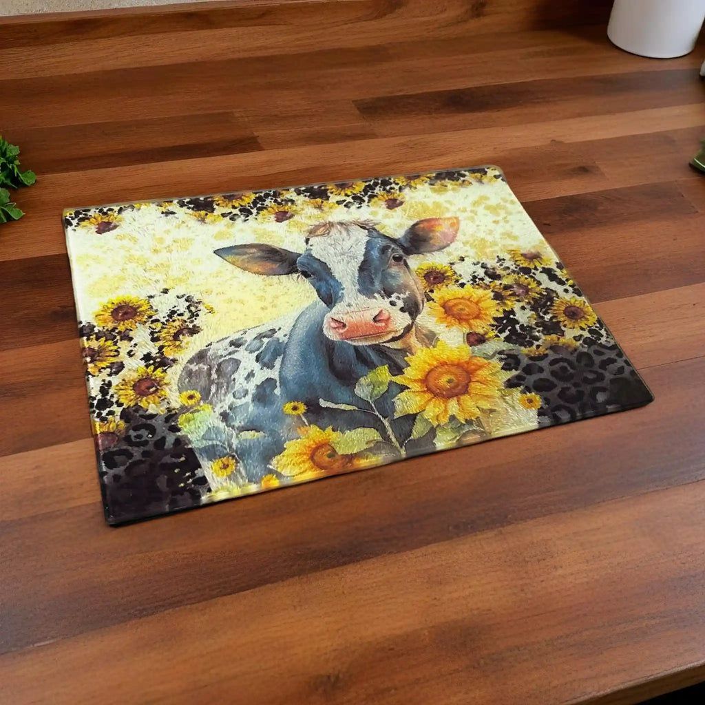 Watercolour Cow & Sunflower chopping board by Laser Design Creations, featuring a charming farmhouse cow surrounded by sunflowers against a bold leopard print background.