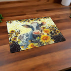 Watercolour Cow & Sunflower chopping board by Laser Design Creations, featuring a charming farmhouse cow surrounded by sunflowers against a bold leopard print background.