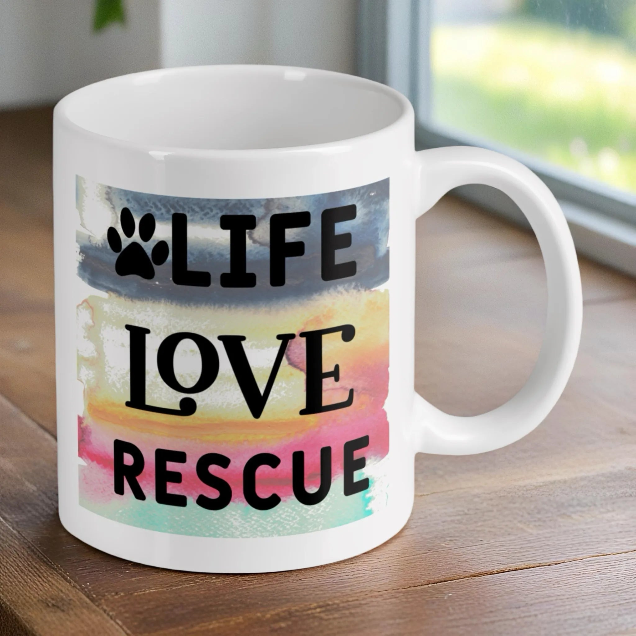 Reverse side of Life Love Rescue ceramic mug, showcasing the wrap-around artwork by Laser Design Creations.