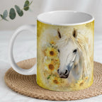 Watercolour white horse and sunflowers ceramic mug by Laser Design Creations, featuring an artistic equestrian design.