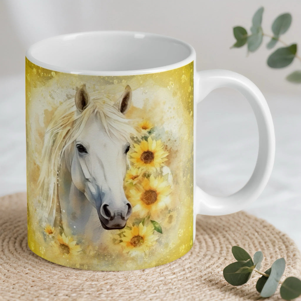 Reverse side of watercolour horse and sunflowers ceramic mug, showcasing the wrap-around artwork by Laser Design Creations.