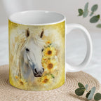 Reverse side of watercolour horse and sunflowers ceramic mug, showcasing the wrap-around artwork by Laser Design Creations.