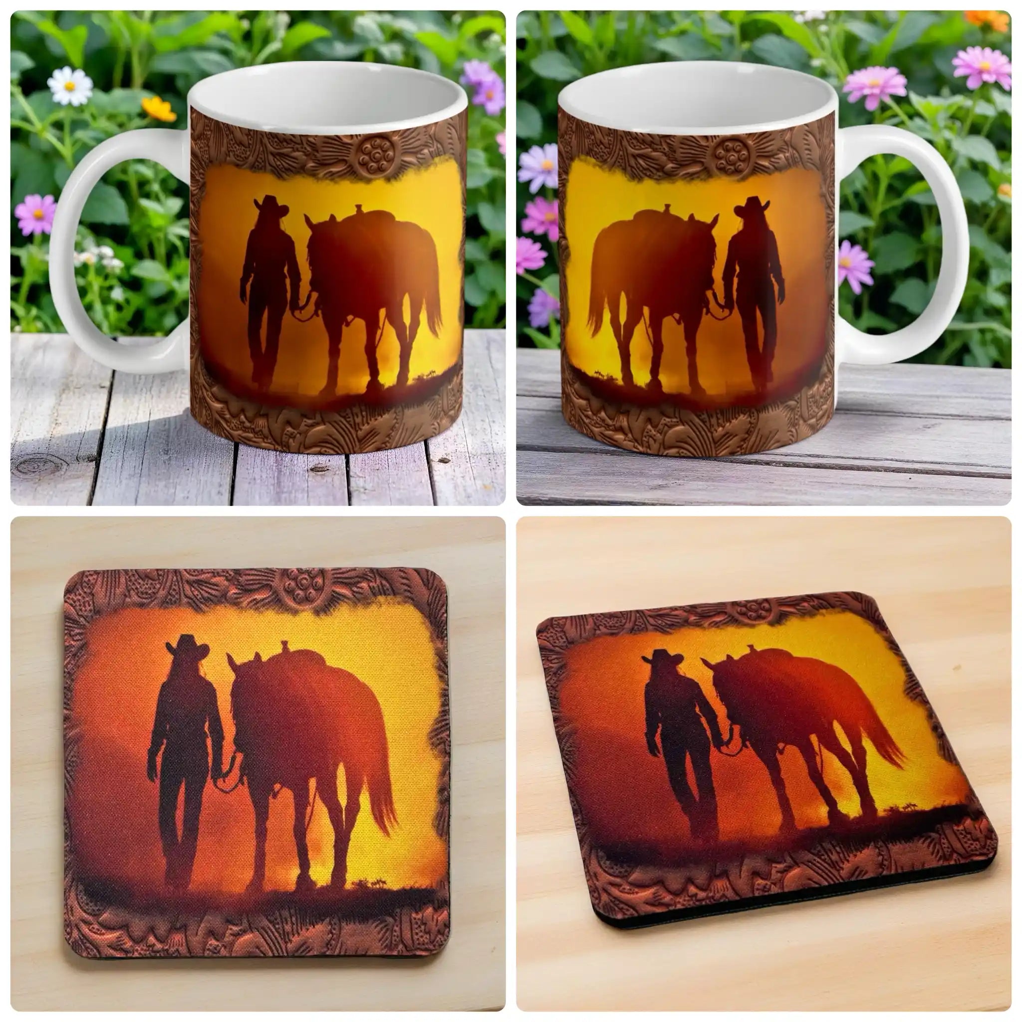 Western Cowgirl Sunset Journey mug and coaster combo gift set collage, featuring classic western art, by Laser Design Creations.