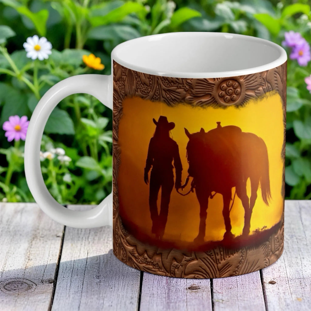 Western Cowgirl Sunset Journey ceramic mug by Laser Design Creations, with a silhouette of a cowgirl and horse against a sunset.