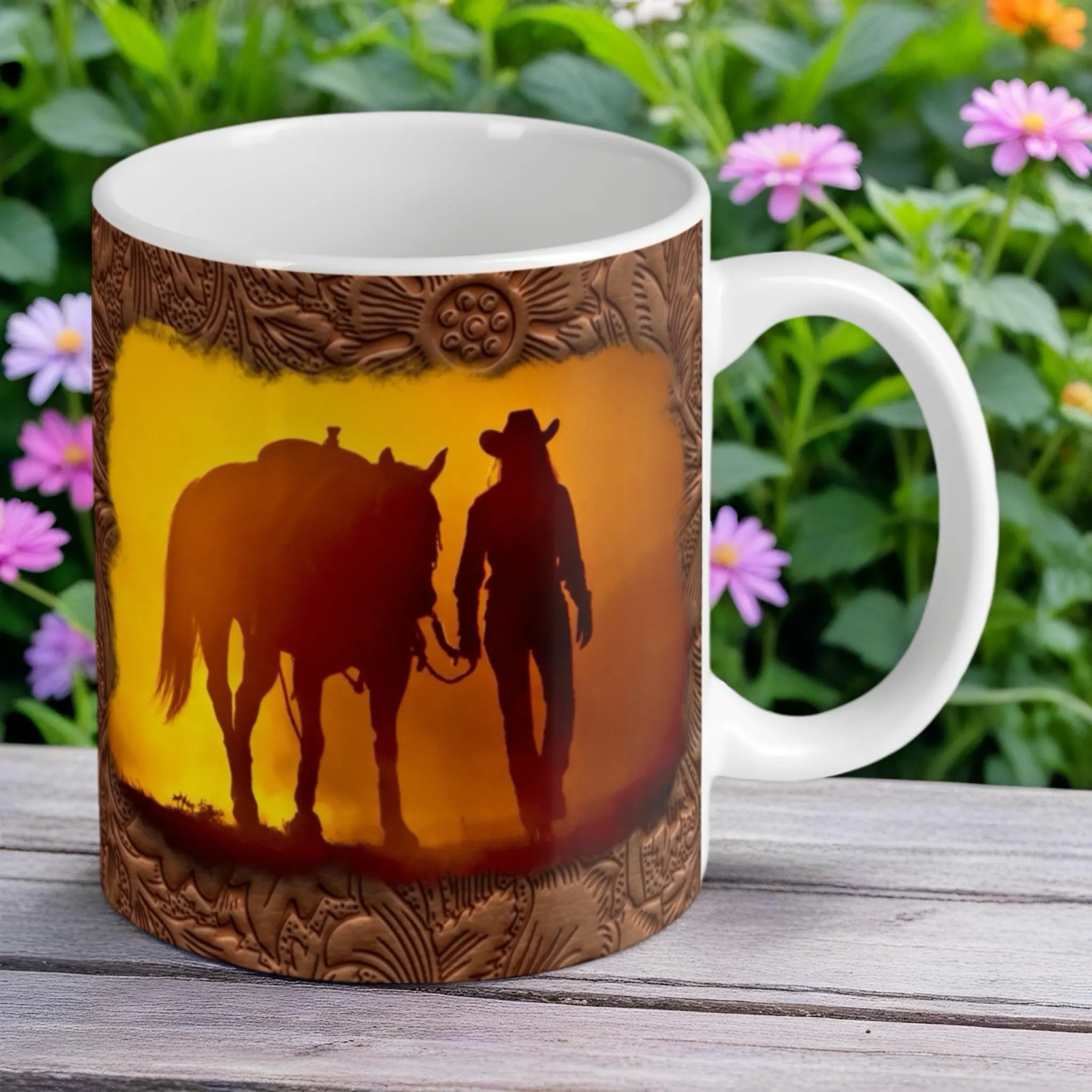 Reverse side of Western Cowgirl Sunset Journey mug, showing the silhouette and rustic leather-look border by Laser Design Creations.