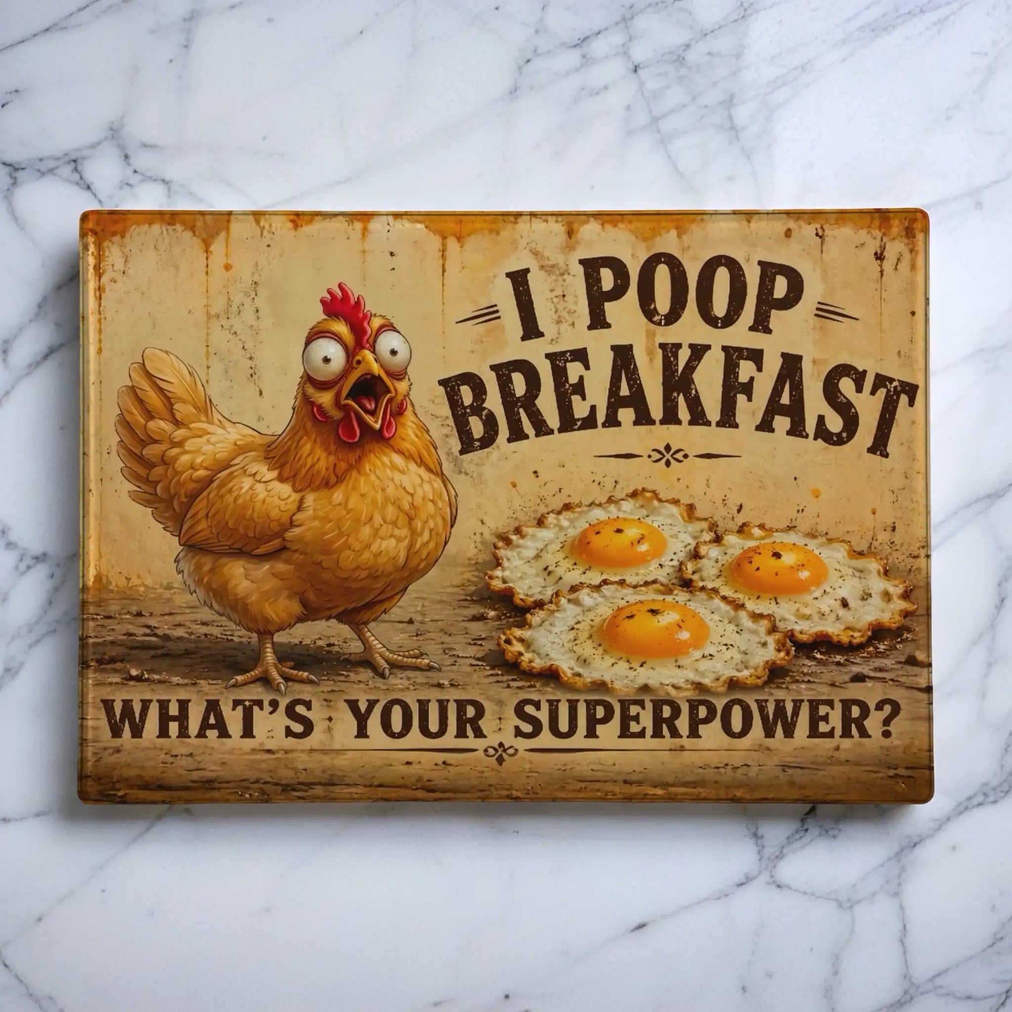 Funny 'I poop breakfast' cartoon chicken glass chopping board from Laser Design Creations