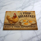 Humorous crazy chicken glass chopping board by Laser Design Creations, featuring the quote 'I poop breakfast, what's your superpower?' with a vintage grunge background.