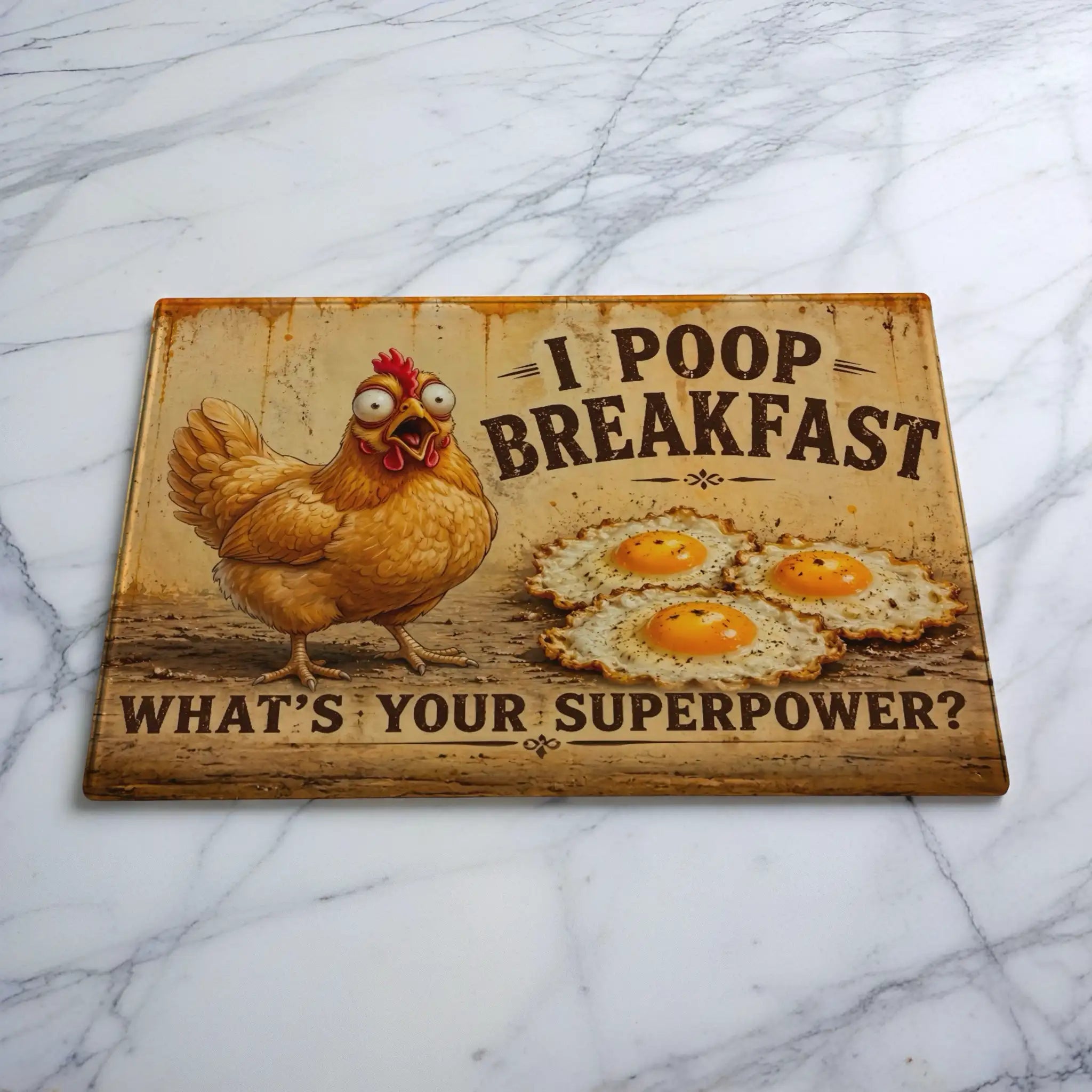 Humorous crazy chicken glass chopping board by Laser Design Creations, featuring the quote 'I poop breakfast, what's your superpower?' with a vintage grunge background.