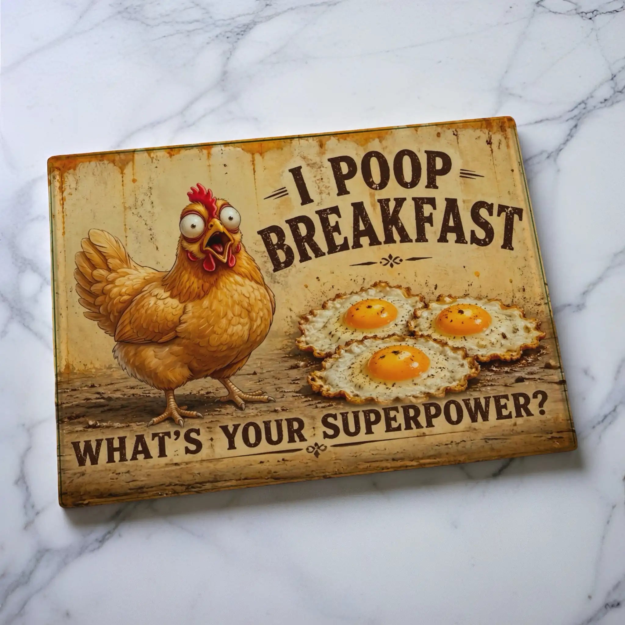 Witty cartoon chicken glass chopping board from Laser Design Creations featuring a cheeky chicken character and a vintage grunge textured background.