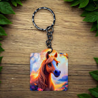 Whimsical Horse Sunset Fantasy Art keyring by Laser Design Creations, featuring a fantastical chestnut equine set against a dramatically glowing sunset.