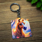 Side view of Whimsical Horse Sunset Fantasy Art keyring, showcasing a glowing chestnut horse silhouette against a vibrant sunset sky by Laser Design Creations.