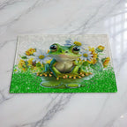 Cute Frog Daisy Sunflower glass chopping board by Laser Design Creations, featuring a 3D illustration of a happy green frog surrounded by bright yellow sunflowers and white daisies.