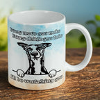Reverse side of Funny Peeking Whippet Dog ceramic mug, showcasing the cheeky sighthound illustration by Laser Design Creations.