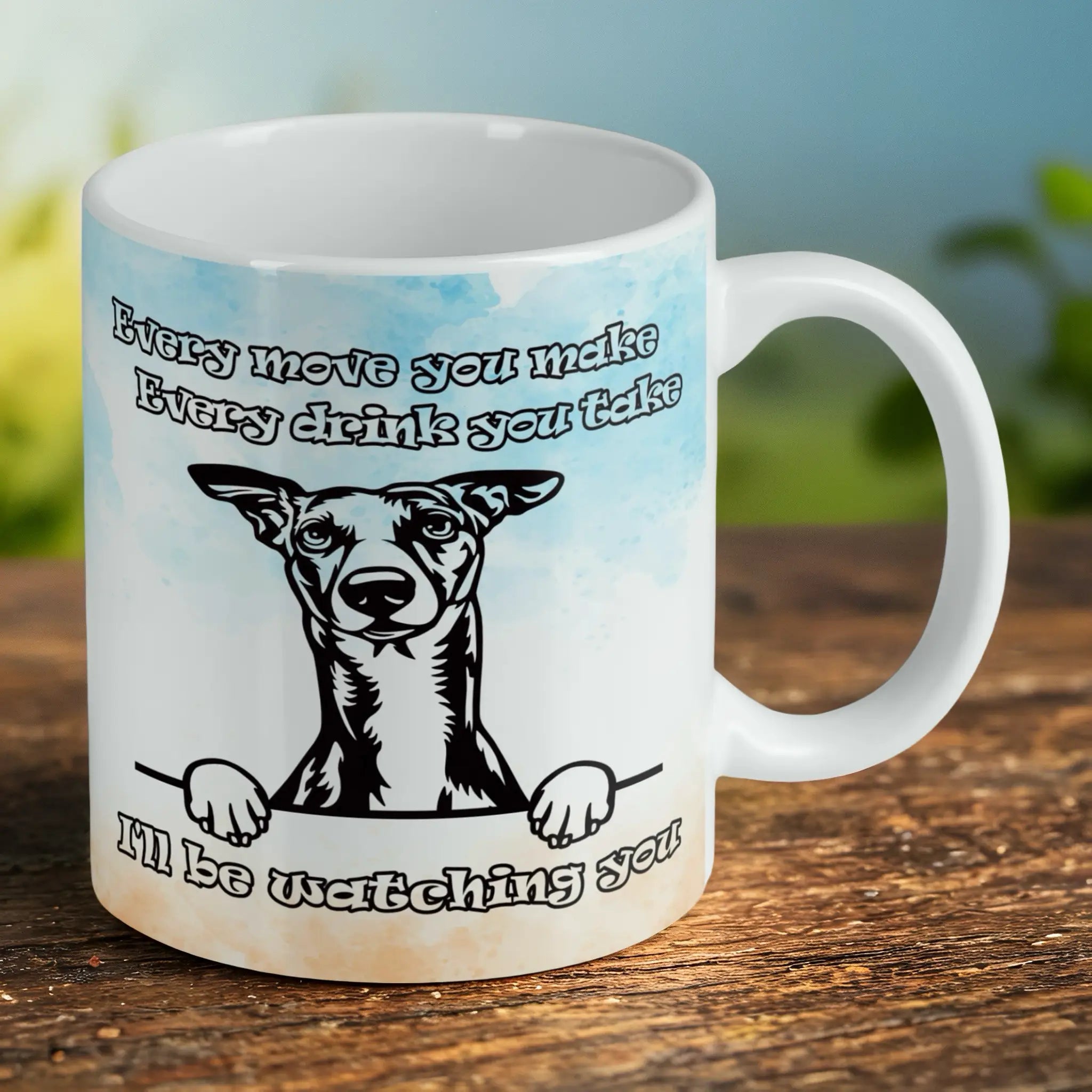Reverse side of Funny Peeking Whippet Dog ceramic mug, showcasing the cheeky sighthound illustration by Laser Design Creations.
